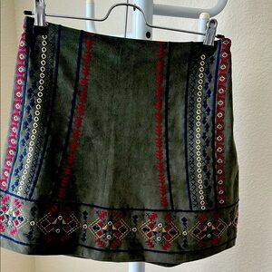 Embroidered Faux Suede Green Skirt